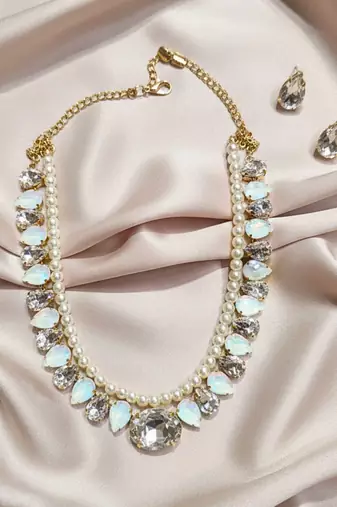 pearl mala golden white color ad & cz cubic zerconia crystal gemstone jewelry set