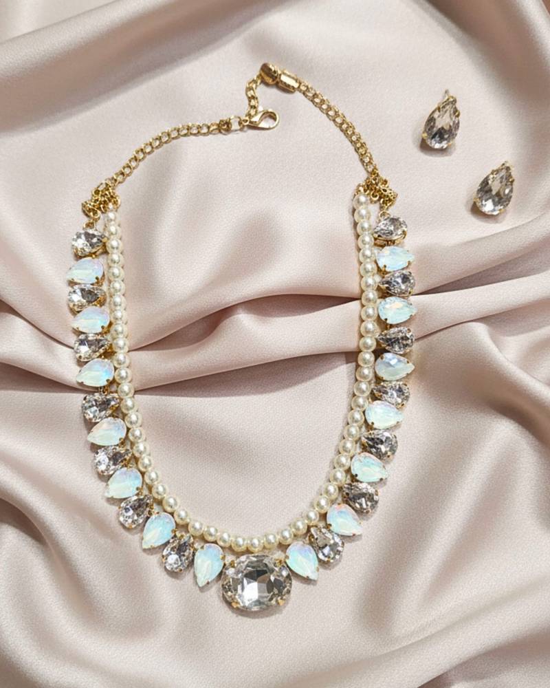 pearl mala golden white color ad & cz cubic zerconia crystal gemstone jewelry set