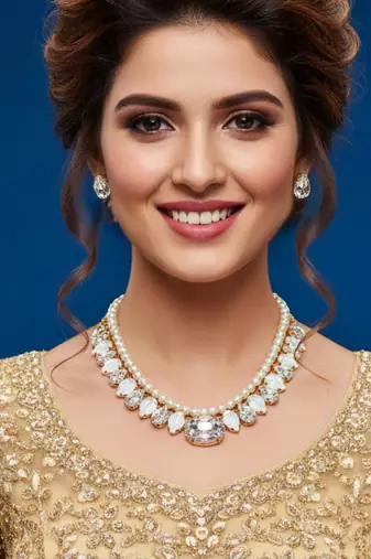 pearl mala golden white color ad & cz cubic zerconia crystal gemstone jewelry set