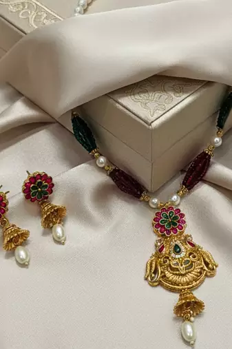 long rajwadi kundan pearl stone floral rani haar neckalce & earring jewellery set