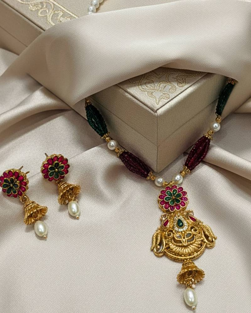 long rajwadi kundan pearl stone floral rani haar neckalce & earring jewellery set