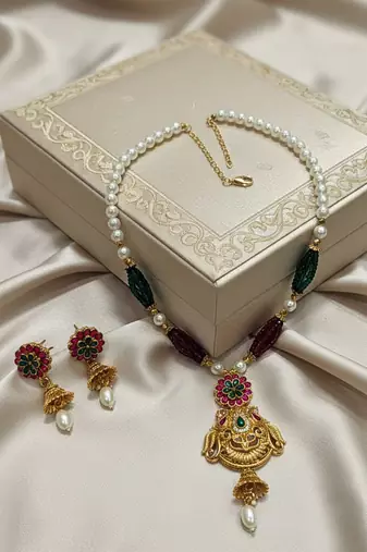 long rajwadi kundan pearl stone floral rani haar neckalce & earring jewellery set