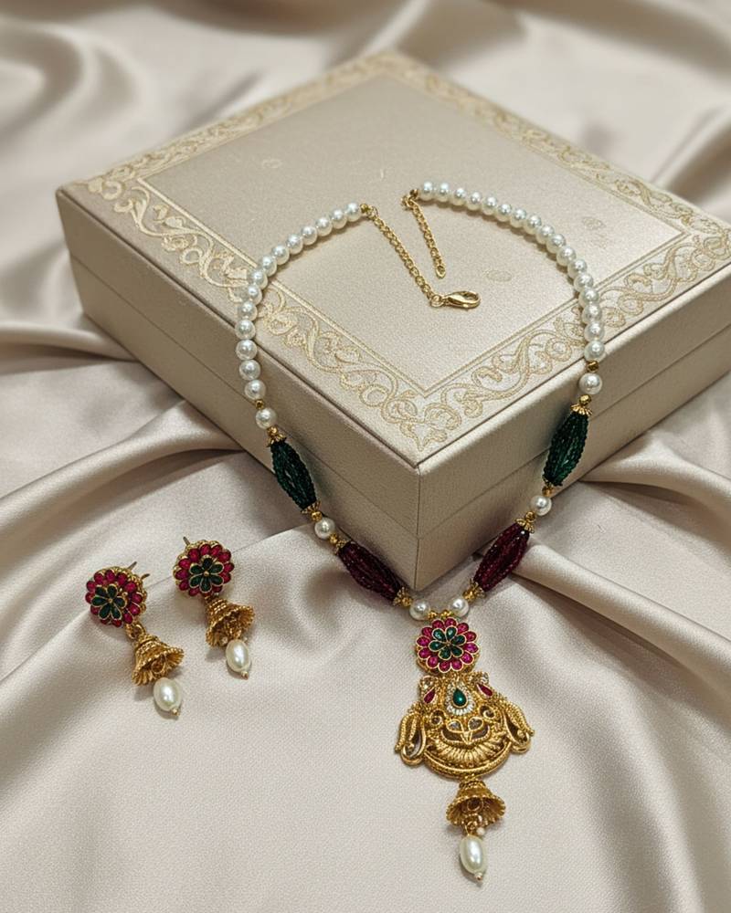 long rajwadi kundan pearl stone floral rani haar neckalce & earring jewellery set