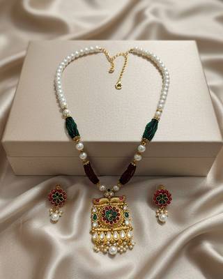 long rajwadi kundan pearl stone floral rani haar neckalce & earring jewellery set 1
