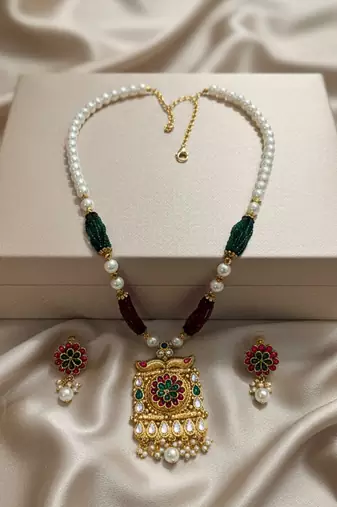 long rajwadi kundan pearl stone floral rani haar neckalce & earring jewellery set