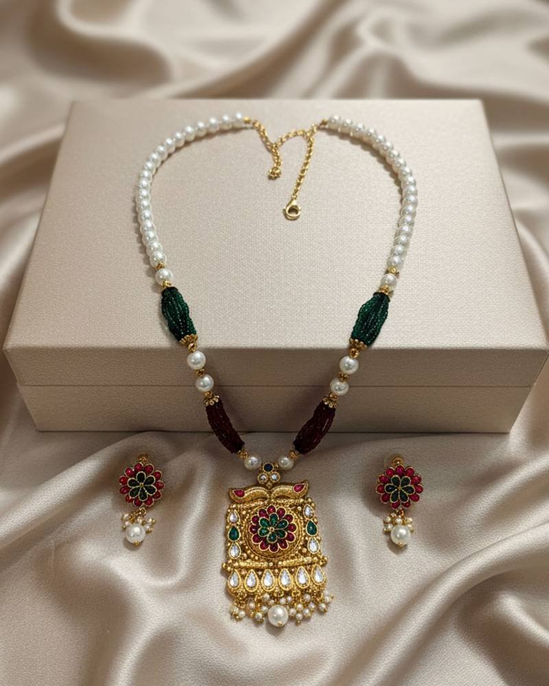 long rajwadi kundan pearl stone floral rani haar neckalce & earring jewellery set