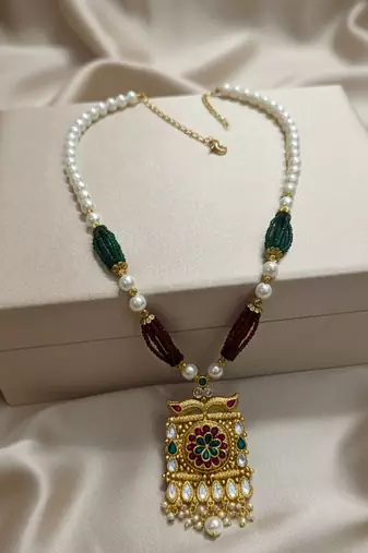 long rajwadi kundan pearl stone floral rani haar neckalce & earring jewellery set