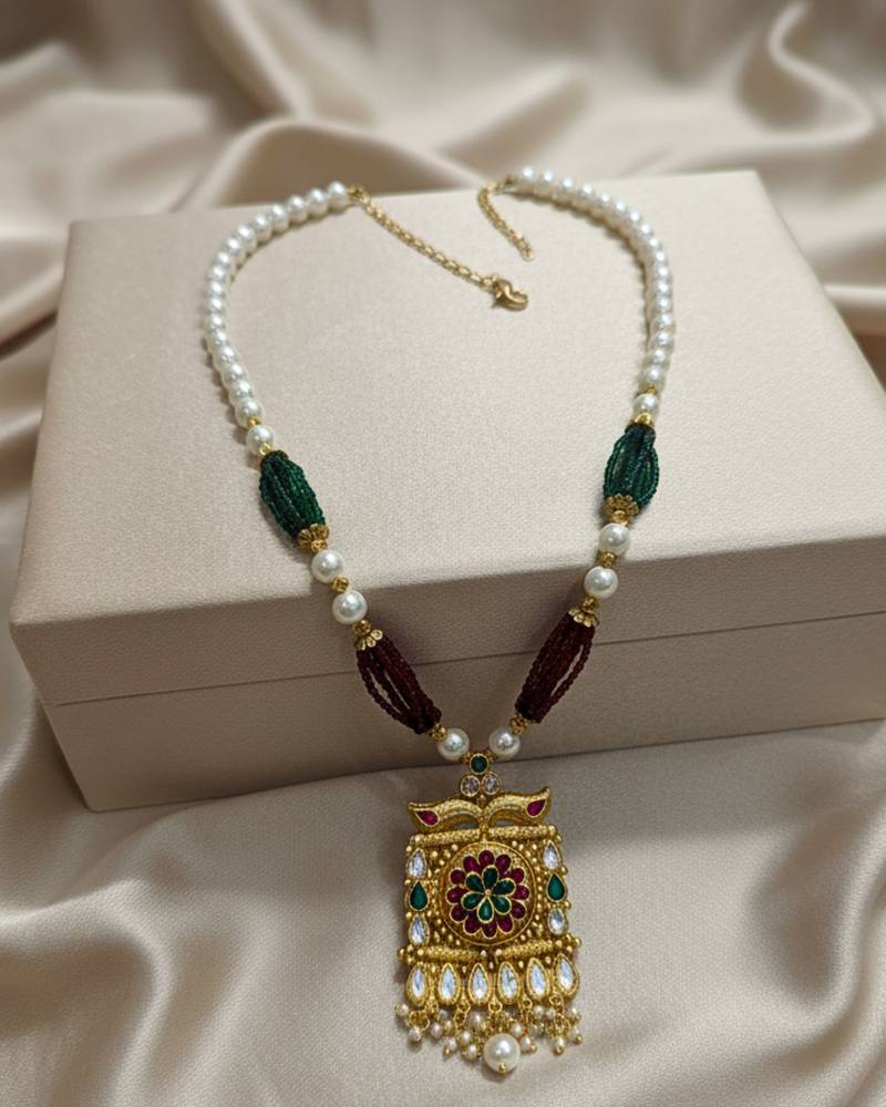 long rajwadi kundan pearl stone floral rani haar neckalce & earring jewellery set