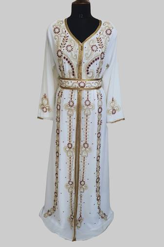 Off-White maroon color luxurious Handmade Moroccan Kaftan with hijjab