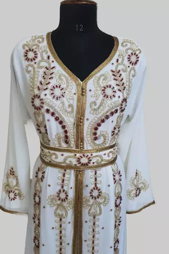 Off-White maroon color Handmade Moroccan Kaftan with hijjab