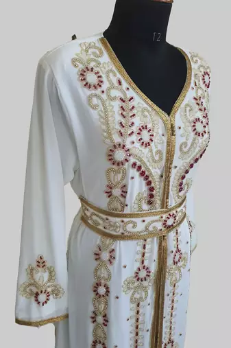 Off-White maroon color Handmade Moroccan Kaftan with hijjab