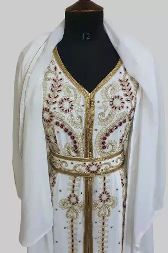 Off-White maroon color Handmade Moroccan Kaftan with hijjab