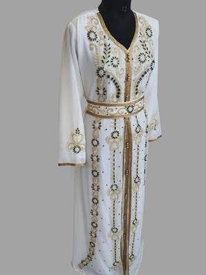 Off-White green color Handmade Moroccan Kaftan with hijjab 5