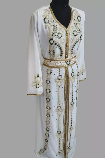 Off-White green color Handmade Moroccan Kaftan with hijjab