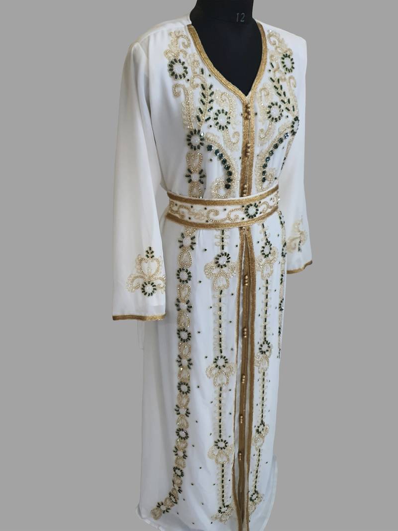 Off-White green color luxurious Handmade Moroccan Kaftan with hijjab