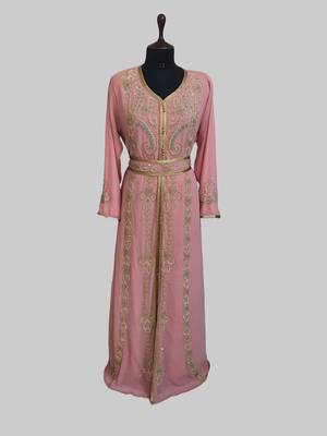 Peach color Handmade Moroccan Kaftan with hijjab 1