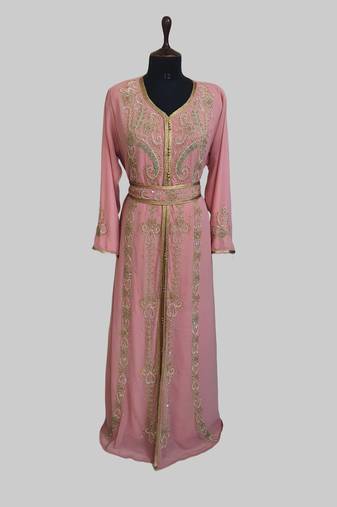 Peach color luxurious Handmade Moroccan Kaftan with hijjab