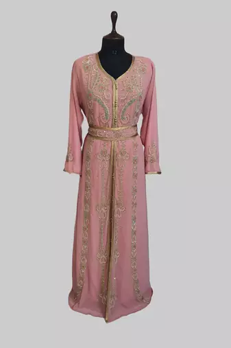Peach color luxurious Handmade Moroccan Kaftan with hijjab