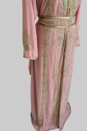 Peach color Handmade Moroccan Kaftan with hijjab