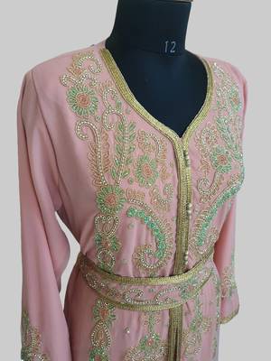 Peach color Handmade Moroccan Kaftan with hijjab 4