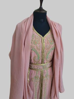 Peach color Handmade Moroccan Kaftan with hijjab 5