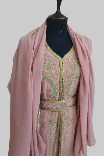 Peach color Handmade Moroccan Kaftan with hijjab
