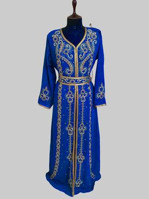 Royal-Blue color Handmade Moroccan Kaftan with hijjab 1