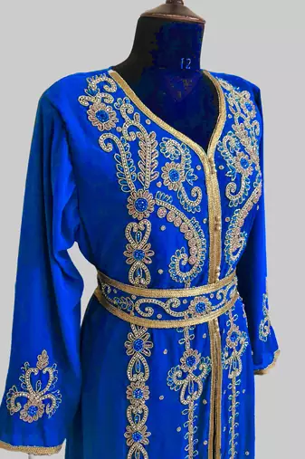 Royal-Blue color Handmade Moroccan Kaftan with hijjab