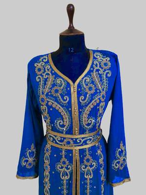 Royal-Blue color Handmade Moroccan Kaftan with hijjab 3