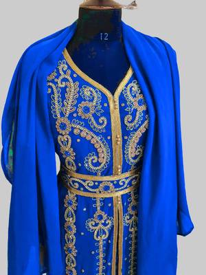 Royal-Blue color Handmade Moroccan Kaftan with hijjab 5