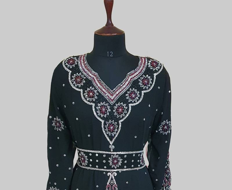 Black color luxurious Handmade Moroccan Kaftan with hijjab