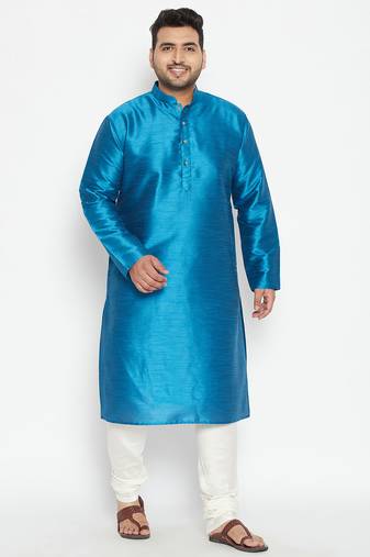 Men's turquoise and cream silk blend kurta pyjama set