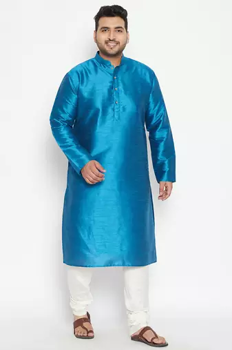 Men's turquoise and cream silk blend kurta pyjama set
