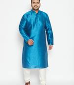 Men's turquoise and cream silk blend kurta pyjama set