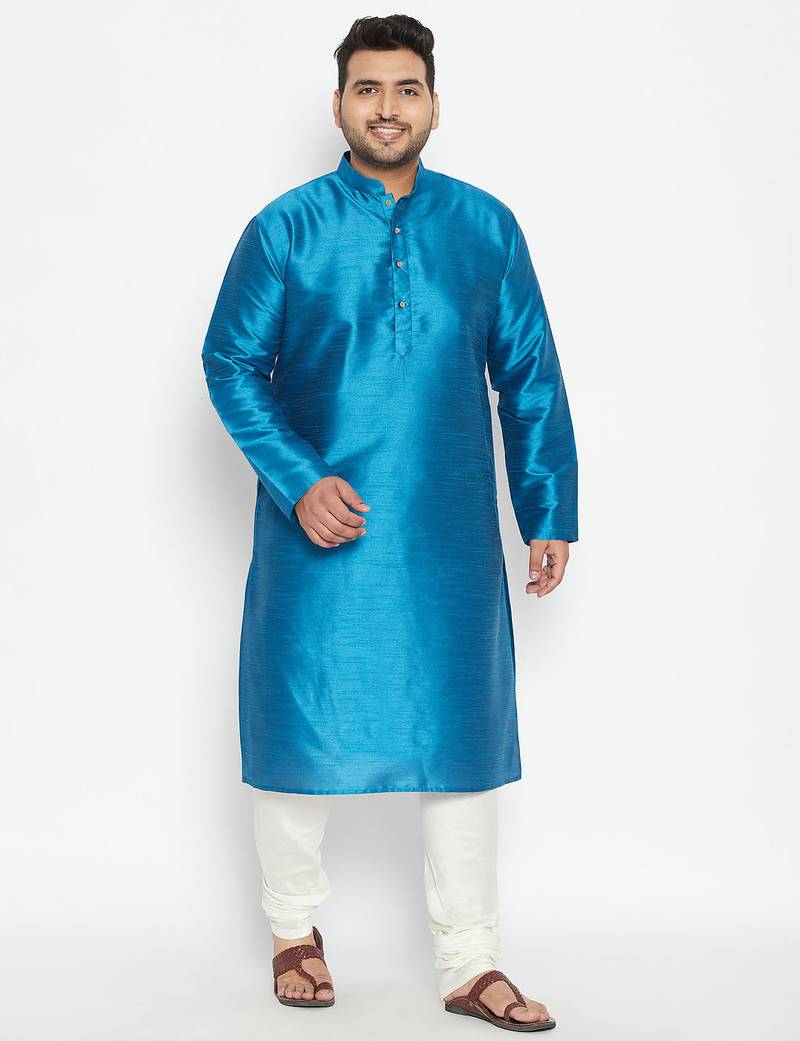 Men's turquoise and cream silk blend kurta pyjama set