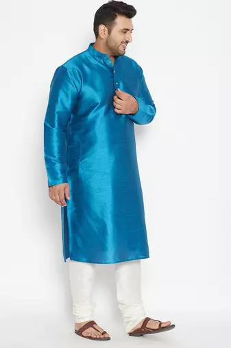Men's turquoise and cream silk blend kurta pyjama set