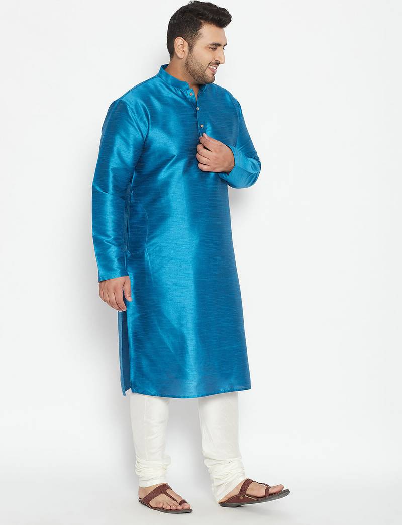 Men's turquoise and cream silk blend kurta pyjama set