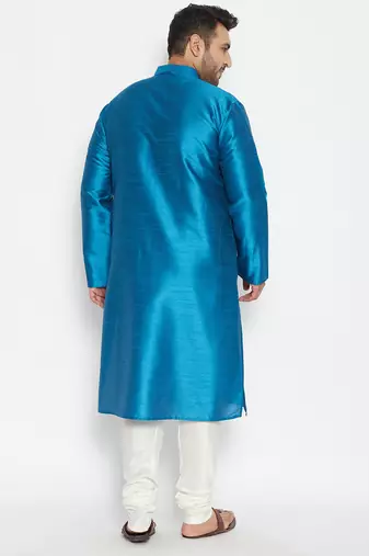 Men's turquoise and cream silk blend kurta pyjama set