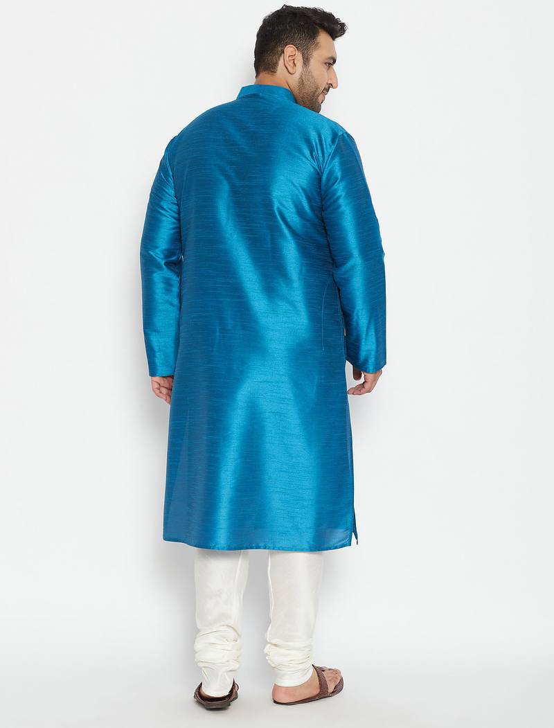 Men's turquoise and cream silk blend kurta pyjama set