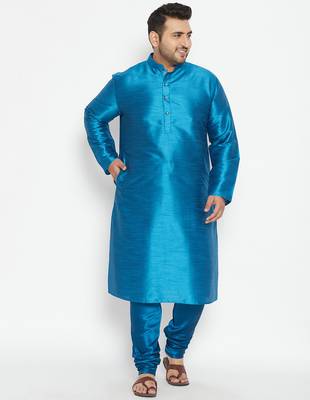Men's turquoise silk blend kurta pyjama set 1