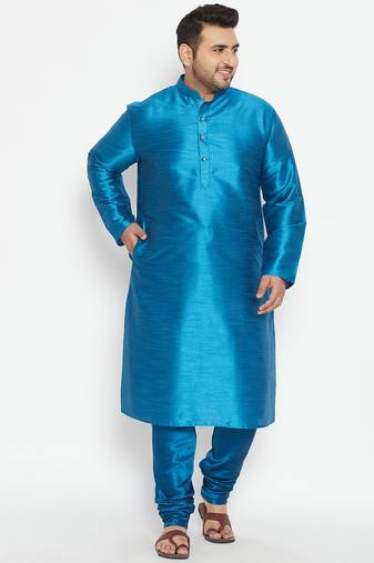 Men's turquoise silk blend kurta pyjama set