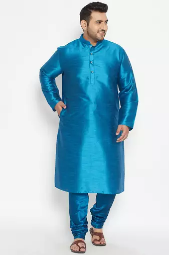 Men's turquoise silk blend kurta pyjama set