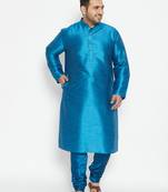 Men's turquoise silk blend kurta pyjama set