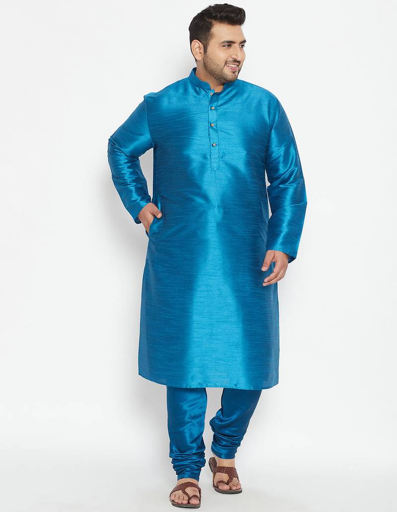 Men's turquoise silk blend kurta pyjama set