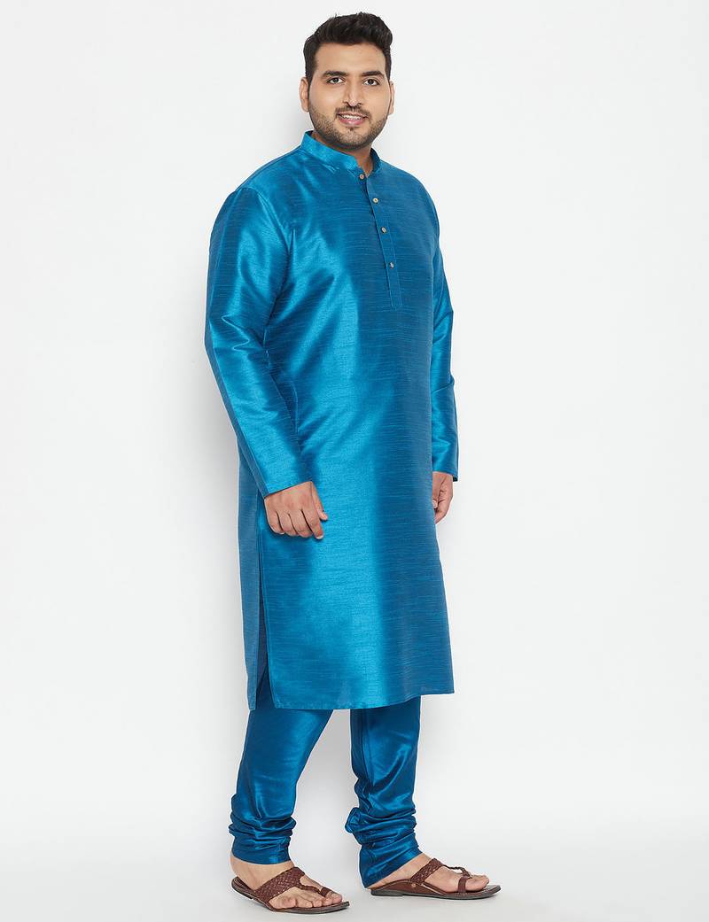 Men's turquoise silk blend kurta pyjama set