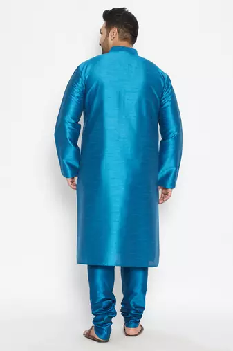 Men's turquoise silk blend kurta pyjama set