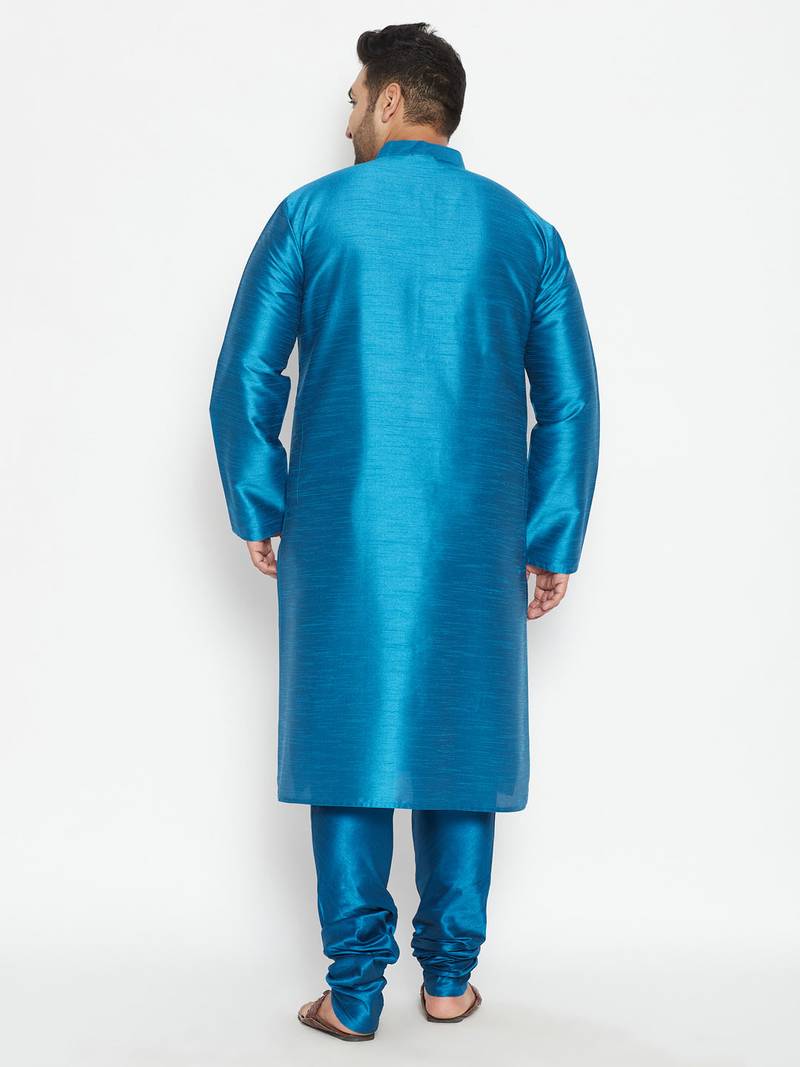 Men's turquoise silk blend kurta pyjama set