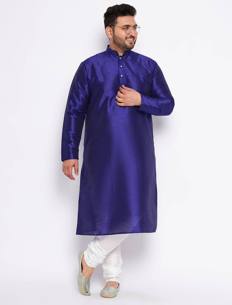 Men's royal blue silk blend kurta pyjama set