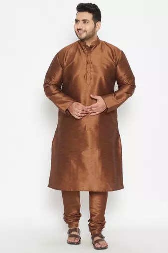 Men's coffee brown silk blend kurta pyjama set
