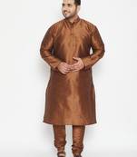 Men's coffee brown silk blend kurta pyjama set